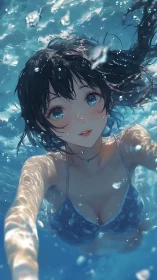 Sunlit swimmer reaches through rippling blue to meet you