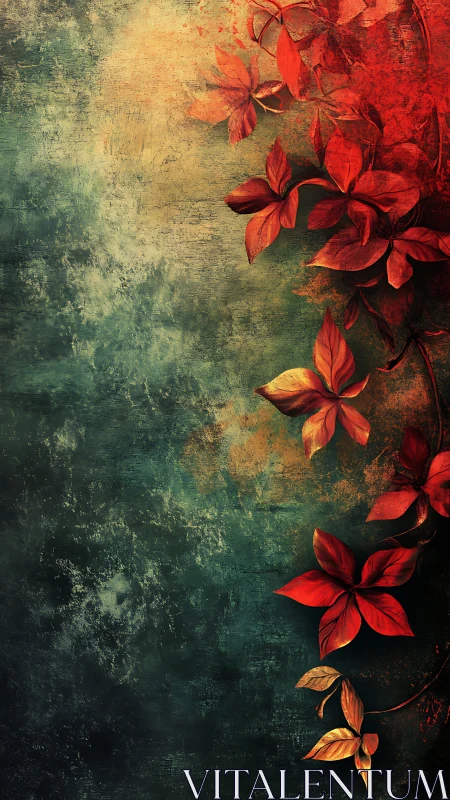 Crimson climbing leaves on textured teal and ochre ground.