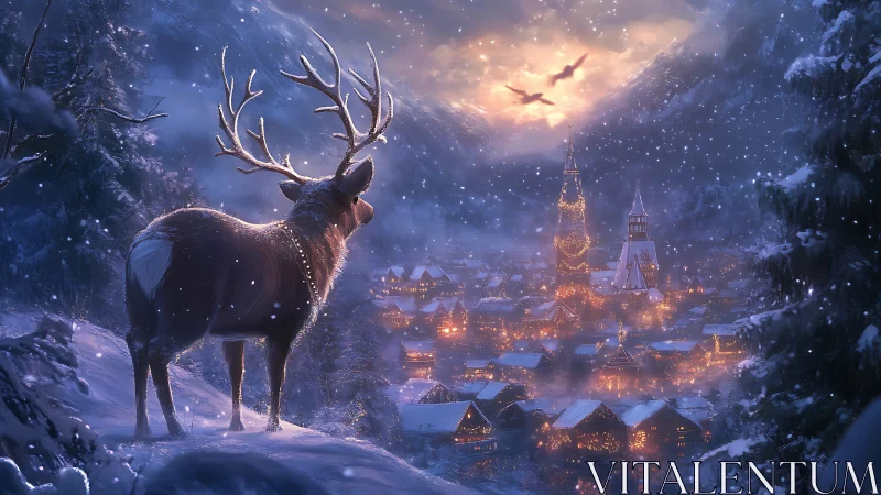Snow-laden reindeer overlooks illuminated alpine village at dusk