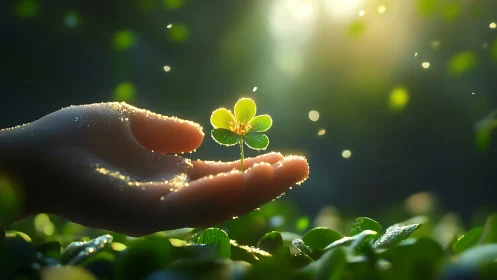 Gentle hands cradle a glowing clover in soft morning light
