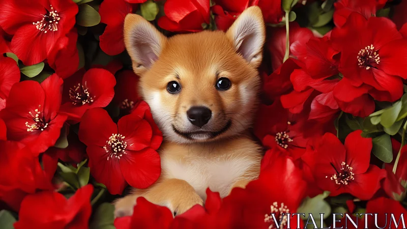 Shiba inu puppy portrait centered in vivid red hibiscus blooms