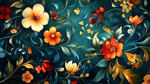 Ornamental Flora Against Teal: Digital Botanical Design.