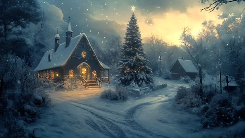 Snowy village chapel glows with warm Christmas lights at dusk.