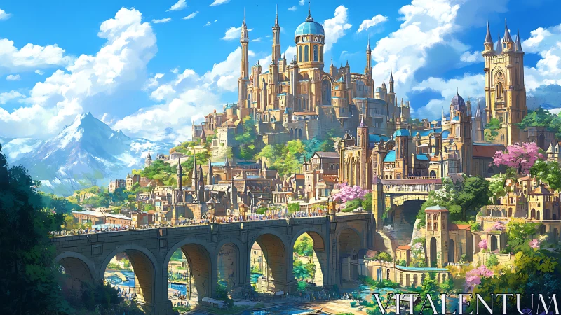 Sunlit fantasy citadel above stone bridge and river.