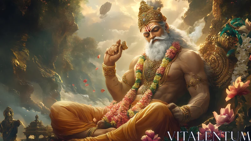 Digital painting of serene mythic sage in celestial garden.