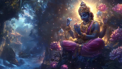 Radiant deity meditates in luminous lotus forest sanctuary