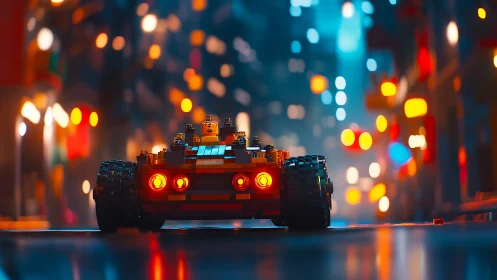 Lego race car glows against neon city bokeh at night.