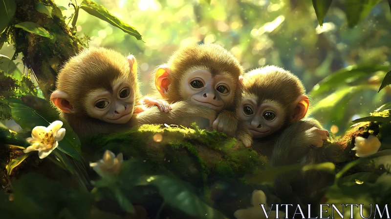 Sunlit trio of baby monkeys trade secrets on a mossy perch
