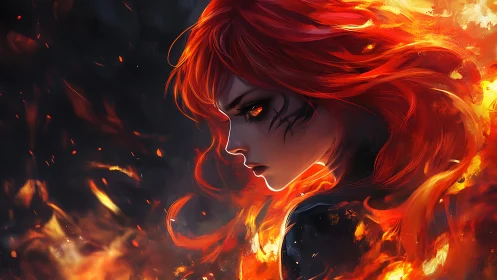 Fiery warrior gazing through embers with fierce quiet grace.