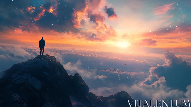 Solitary figure gazes over ethereal clouds at cosmic sunrise.