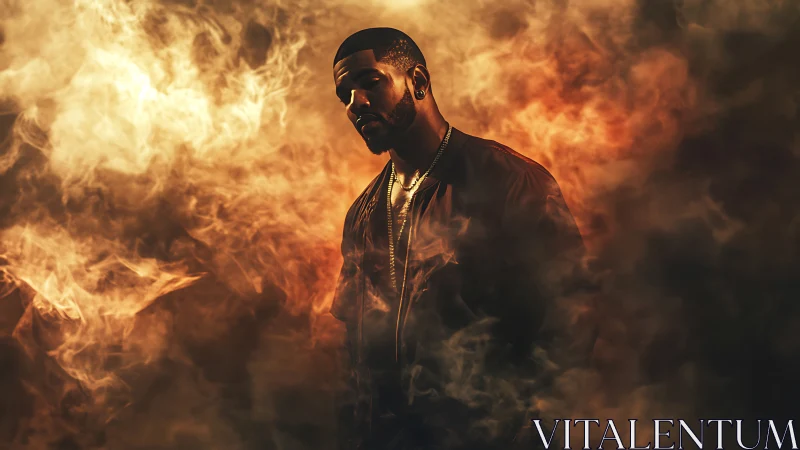 Moody portrait of a man emerging through cinematic golden smoke