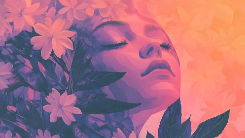 Soft sunset dreamscape with blooming petals and calm face.