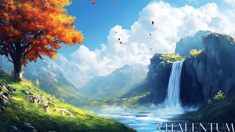 Sunlit valley waterfall and bright autumn tree daydream.