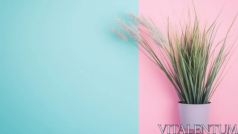 Minimalist potted grass against split cyan and pink background planes