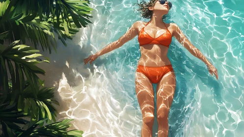 Sunlit beach day with relaxed woman drifting in clear waves.