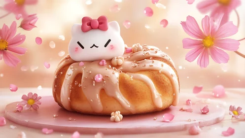 Stylized Cat-Topped Pastry with Pink Floral Setting