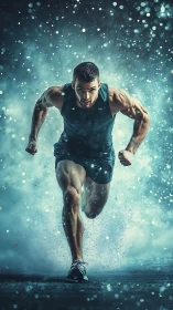 Explosive sprinter charge through teal mist and sparks.