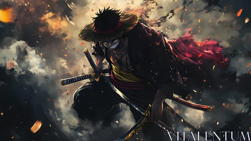 Straw-hatted swordsman strides through burning storm clouds.