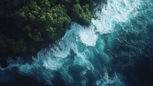 Aerial coastal interface with lush cliff forest and teal surf