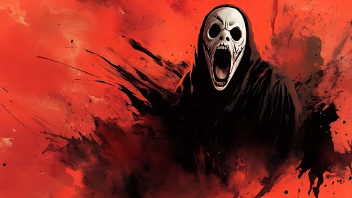 Screaming skull mask reaper in red-black abstract splatter field