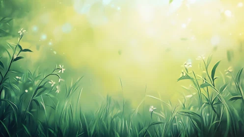 Soft focus digital meadow shows green grass and small flowers