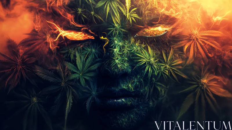 Flaming cannabis spirit face in vivid digital surrealism.
