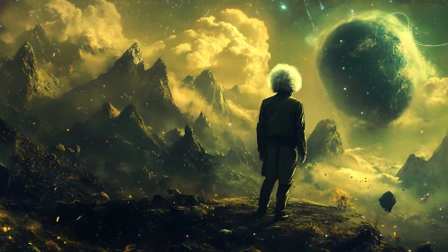 Curly haired wanderer watching distant green planet glow.