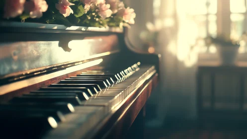 Upright piano keys in soft interior sunlight with flowers.