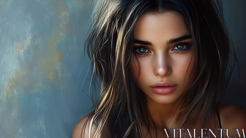 Digital portrait of woman with luminous eyes and tousled hair.