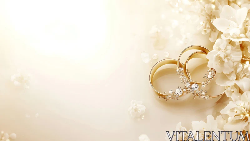 Golden wedding rings amid ivory blossoms in soft glow.