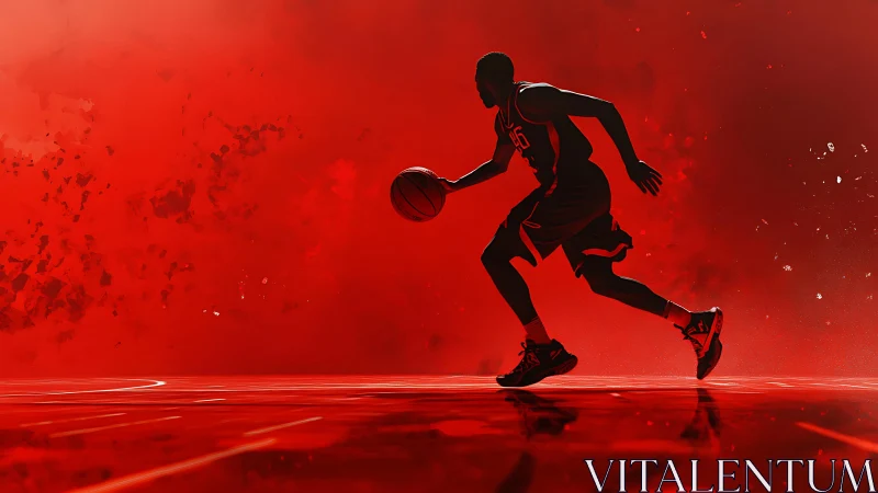 Silhouette basketball player dribbles across red digital court