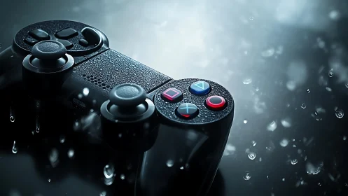 Wired game controller in water droplets on dark surface.