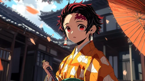 Anime swordsman in patterned kimono under parasol in courtyard.