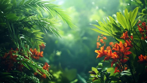 Lush green jungle foliage with vivid orange flowers in light.