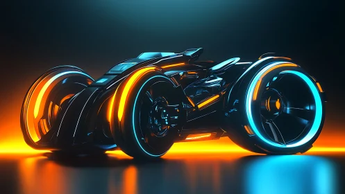 Futuristic neon-lit motorcycle with dual glowing wheel rims.