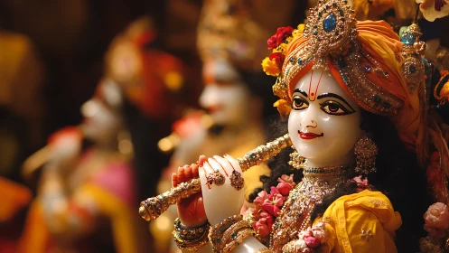 Krishna statue holding flute in richly decorated temple setting