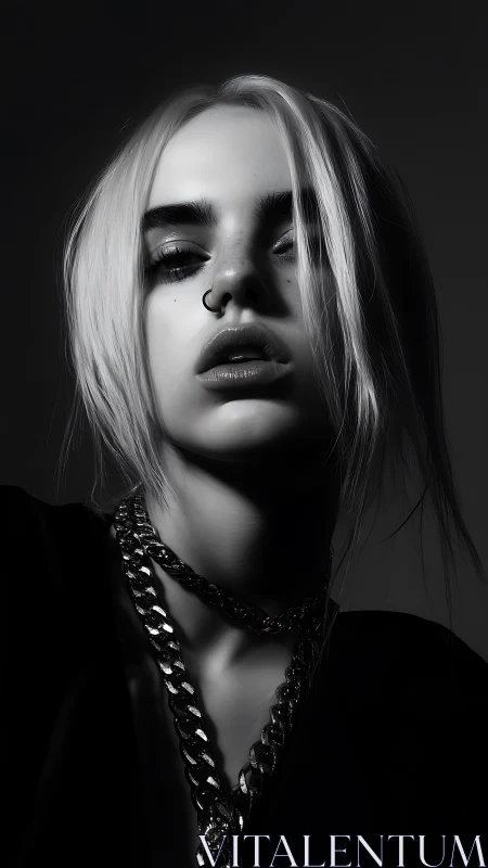 Monochrome close-up portrait of young person with chains.