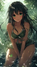Green bikini anime girl sitting in shallow forest water.