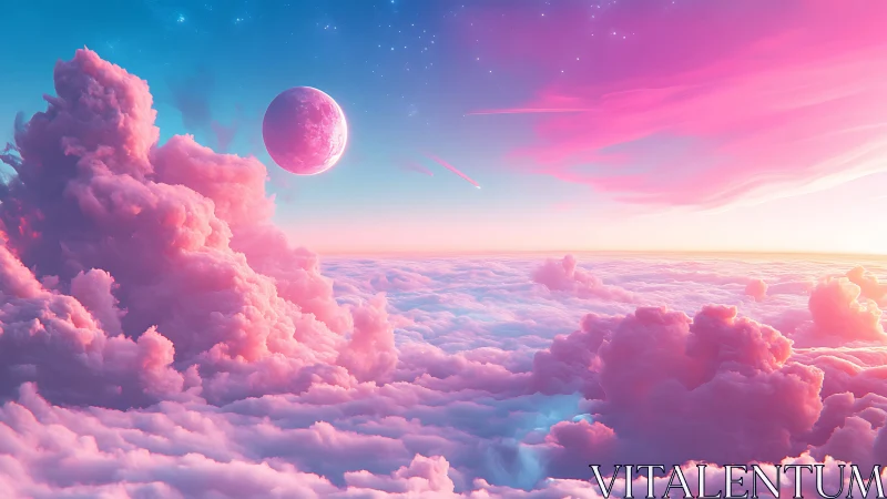 Pink cloudscape with distant planet above horizon line.