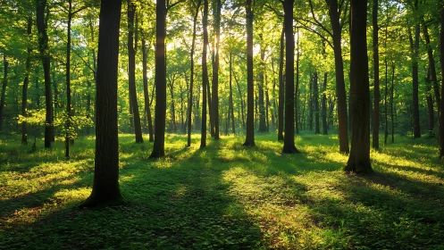 Sunlit Forest Path Through Tall Trees.
