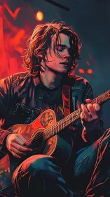 Guitarist lost in sound under neon red stage lights.