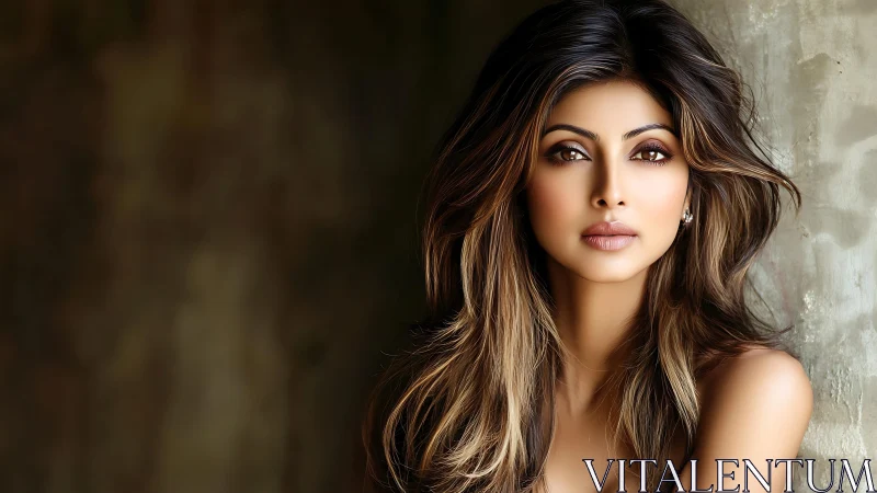 Striking woman in soft light with rich brown balayage hair.