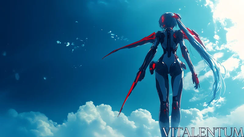 Cyborg warrior scans horizon above radiant summer clouds.