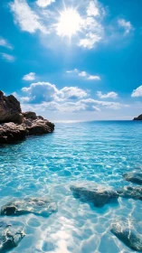 Sunlit cove sparkles with clear turquoise water and calm rocks