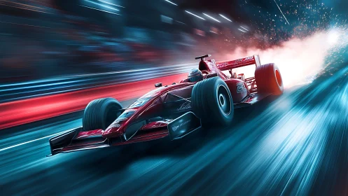 Red Formula race car speeds through neon lit night track.