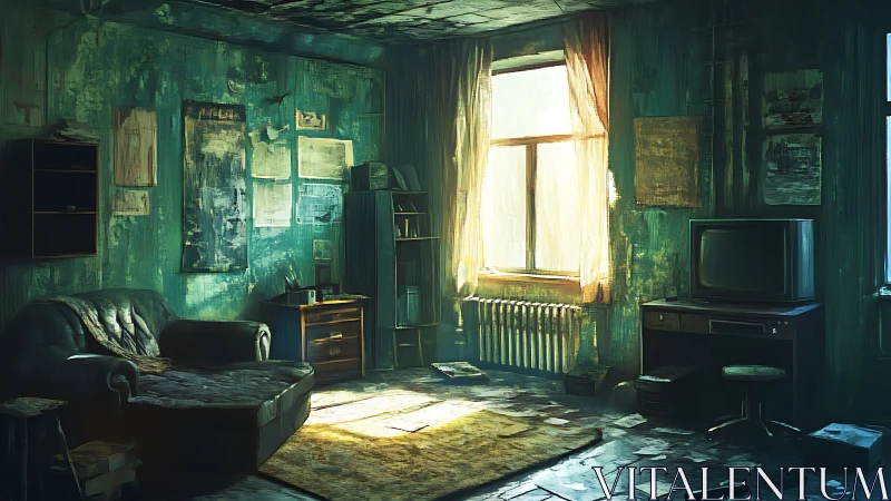 Decaying teal living room bathed in harsh window light.