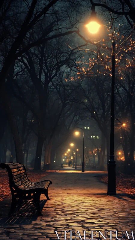 Empty park bench under streetlights on foggy night path
