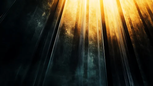 Cathedral of light beams streaking through molten shadow.