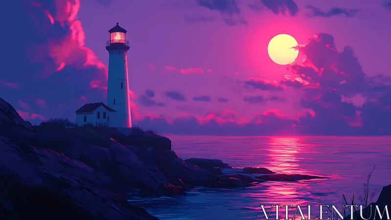 Lighthouse stands on rocky coast under stylized sunset sky