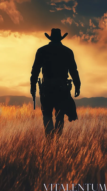 Silhouetted cowboy with pistol walking through tall grass field.